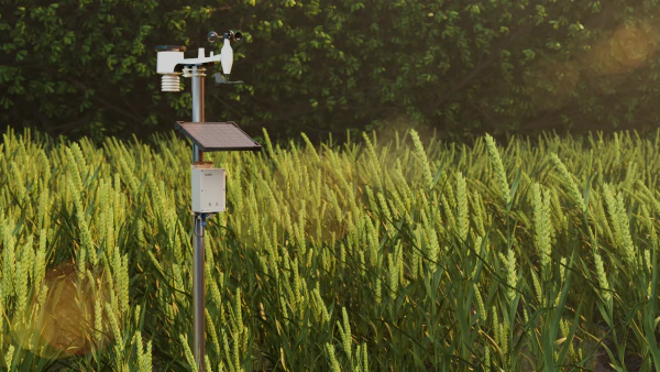 Solar-powered weather station in a wheat field